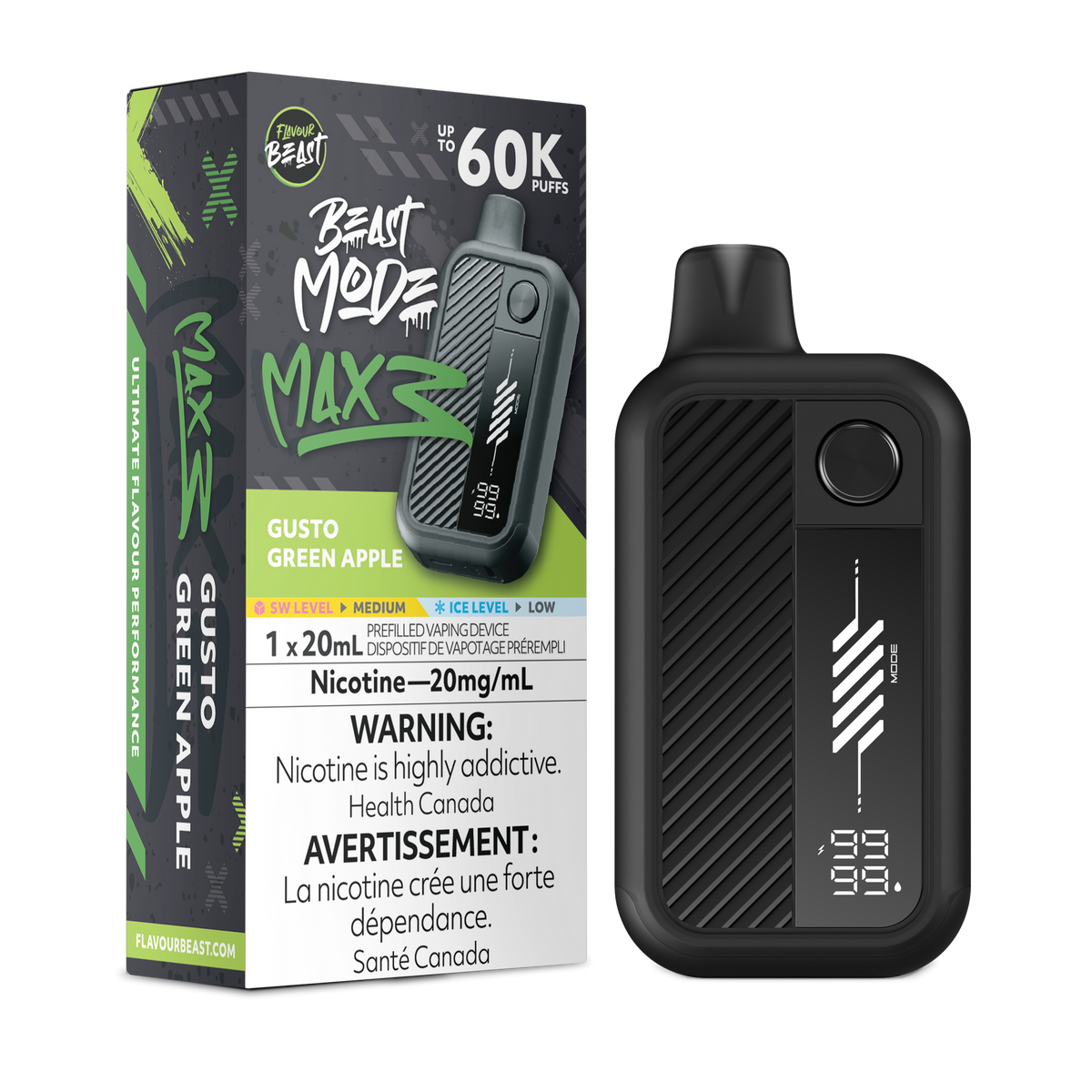 Flavour Beast Beast Mode Max 3 60K Disposable Vape (20mL) - Gusto Green Apple